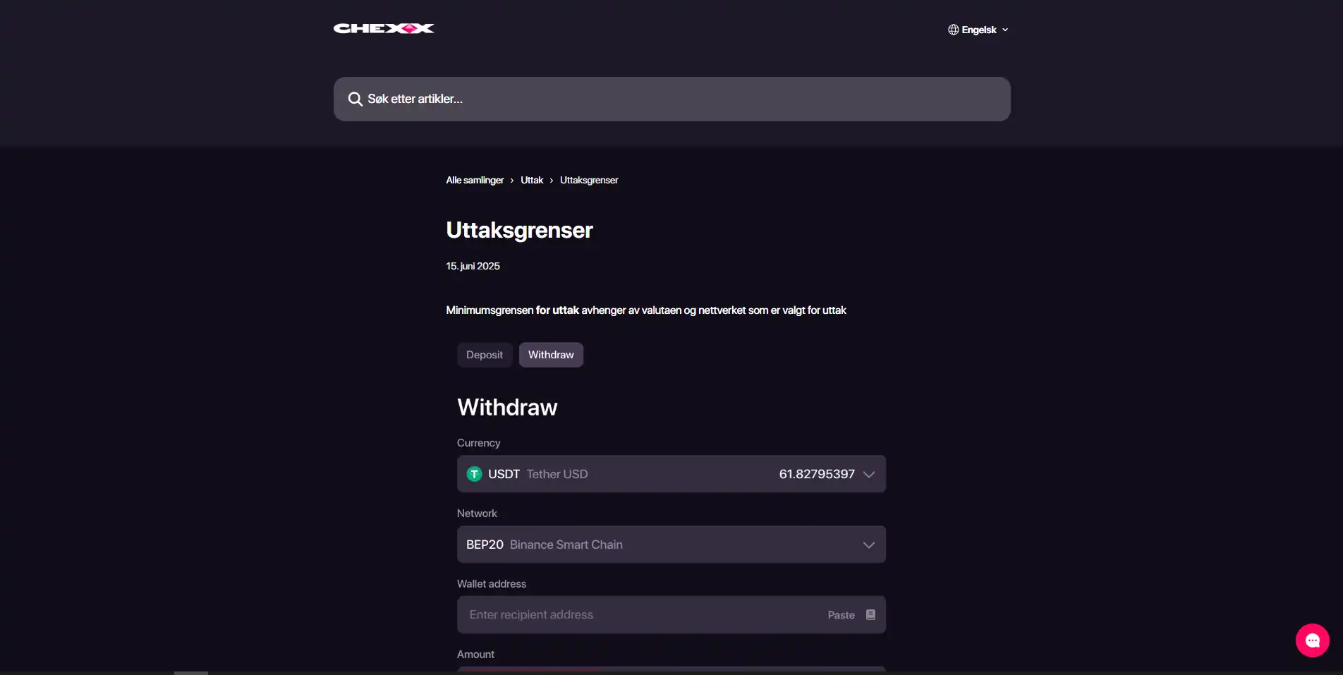 CHEXX sin offisielle hjelpeside for uttaksgrenser