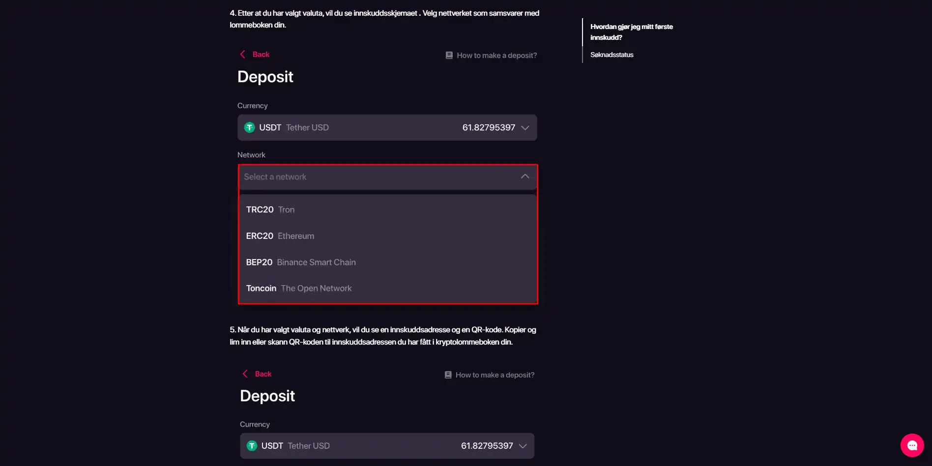 CHEXX innskuddsskjerm med tilgjengelige kryptovalutaer og nettverk