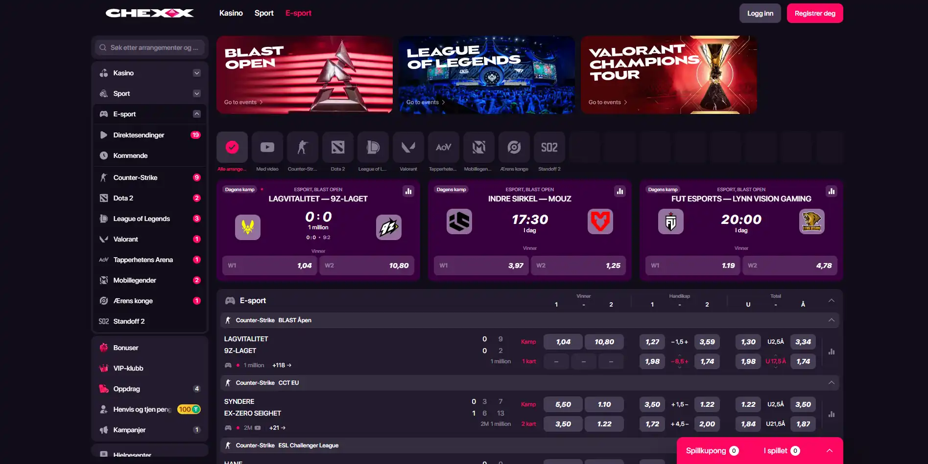 CHEXX e-sportseksjon med CS2 og Dota 2-markeder