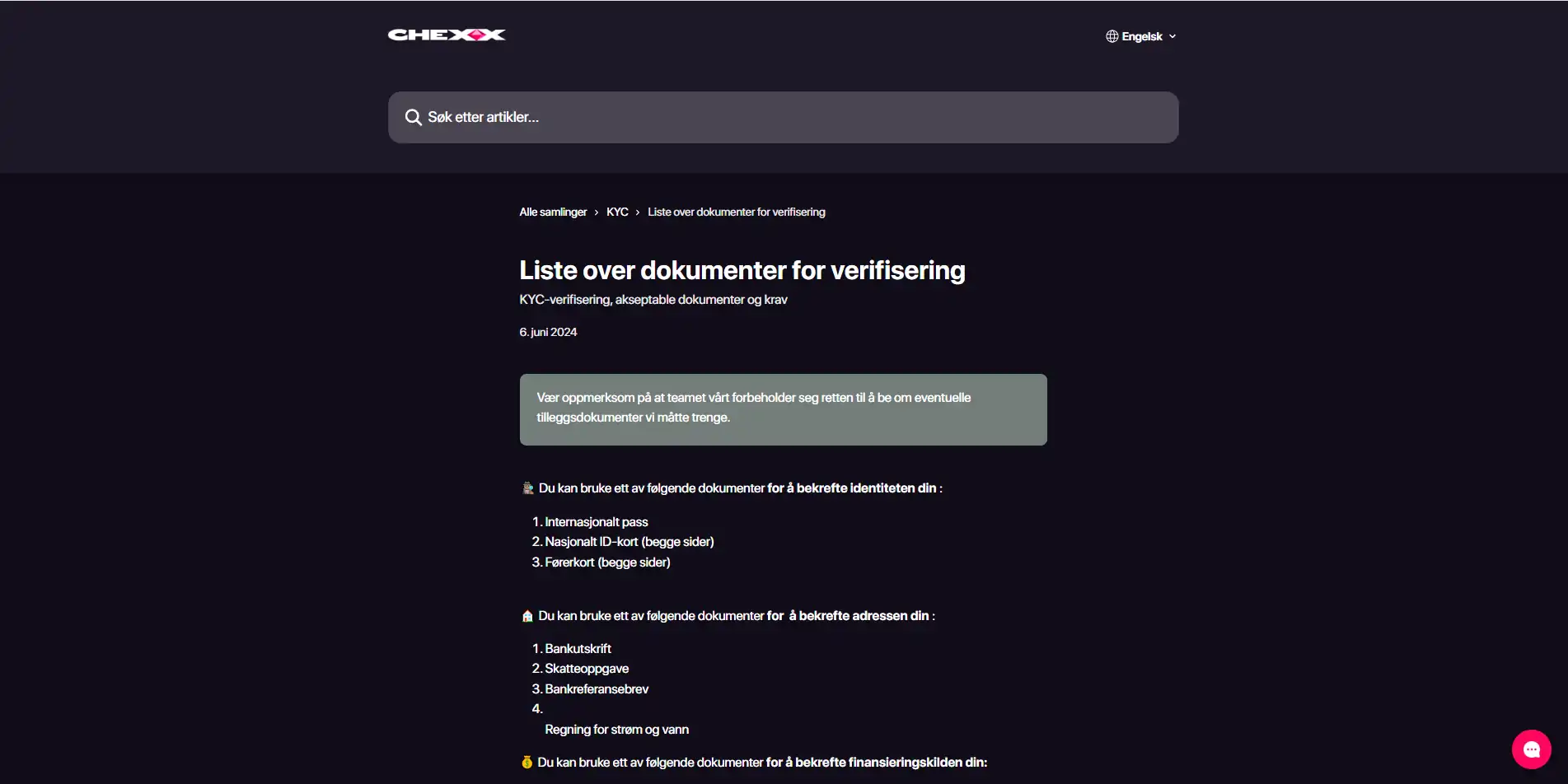CHEXX sin offisielle hjelpeside om dokumenter for KYC-verifisering