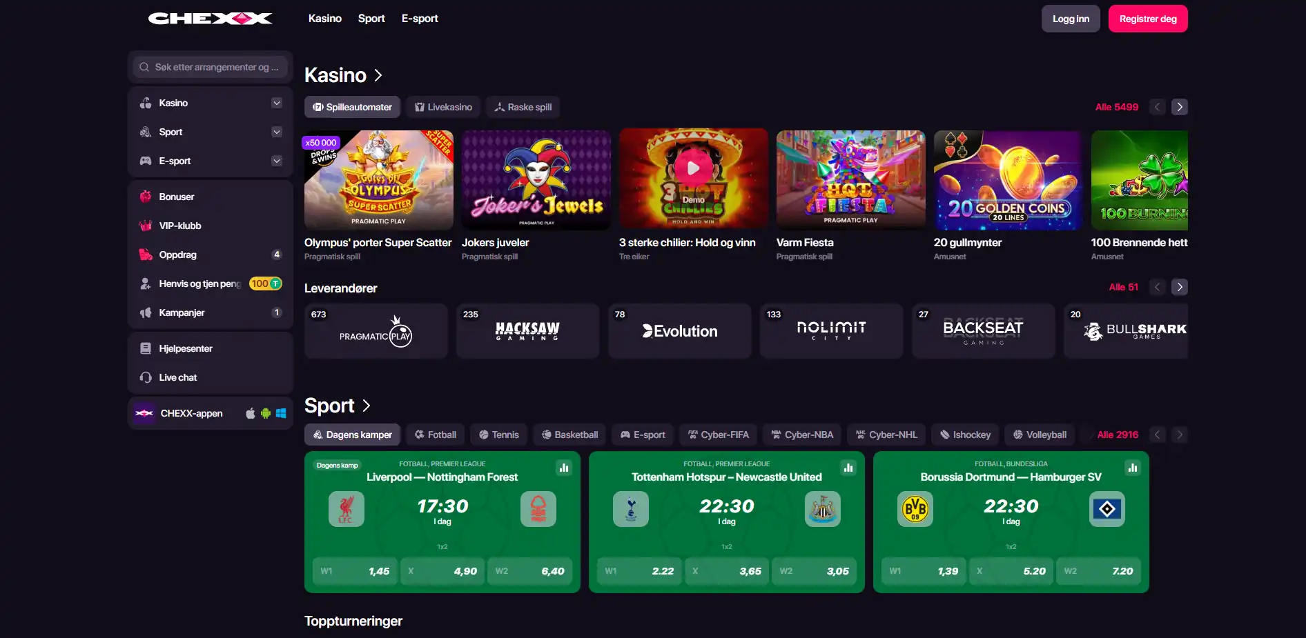 CHEXX Live Casino-lobby med bord og kategorier